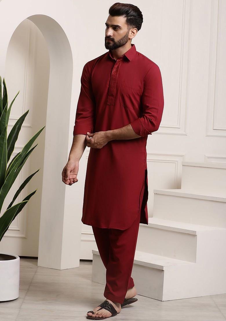 Maroon Thread Work Poly Blend Kurta Set For Men