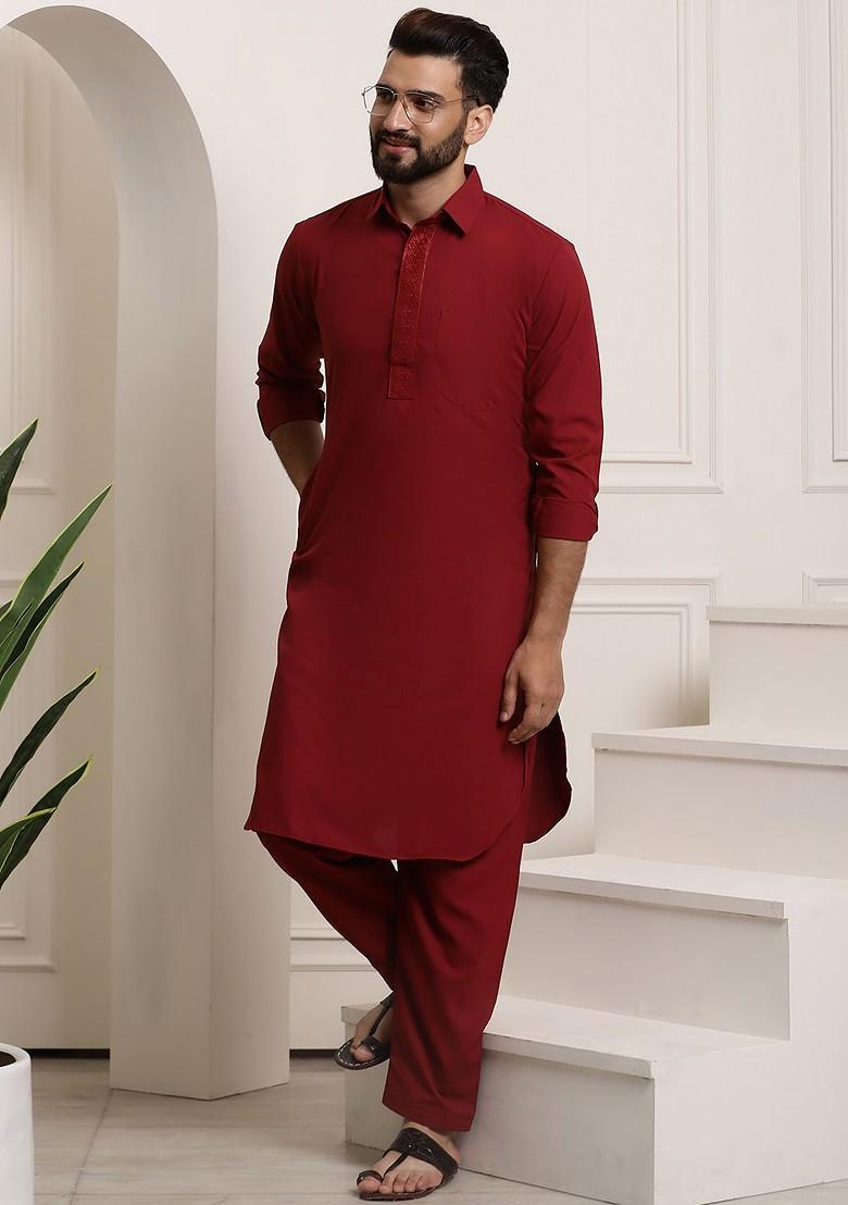 Maroon Thread Work Poly Blend Kurta Set For Men