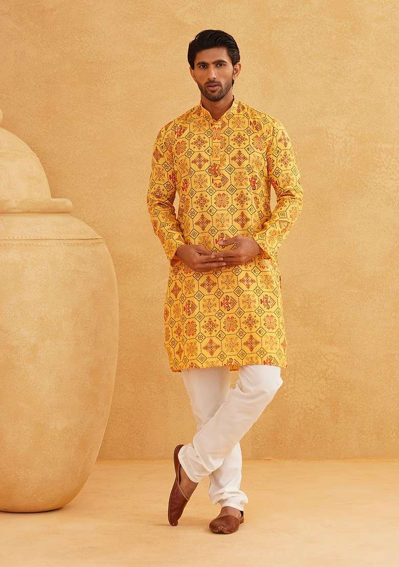 Yellow Ethnic Motifs Poly Blend Kurta Set For Men - Indya