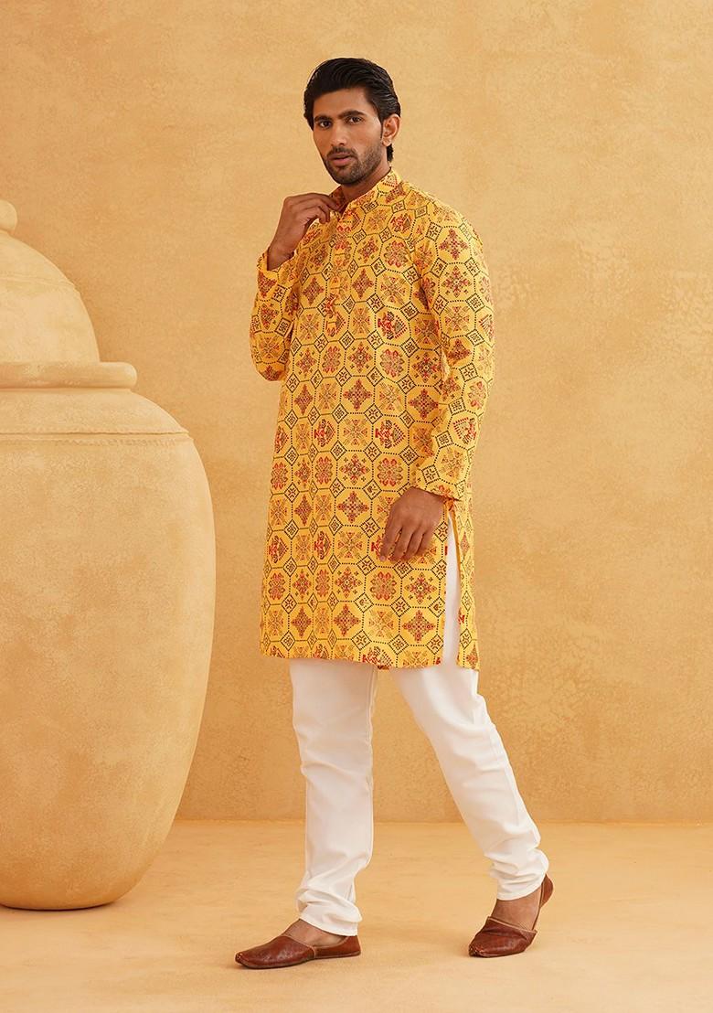 Yellow Ethnic Motifs Poly Blend Kurta Set For Men