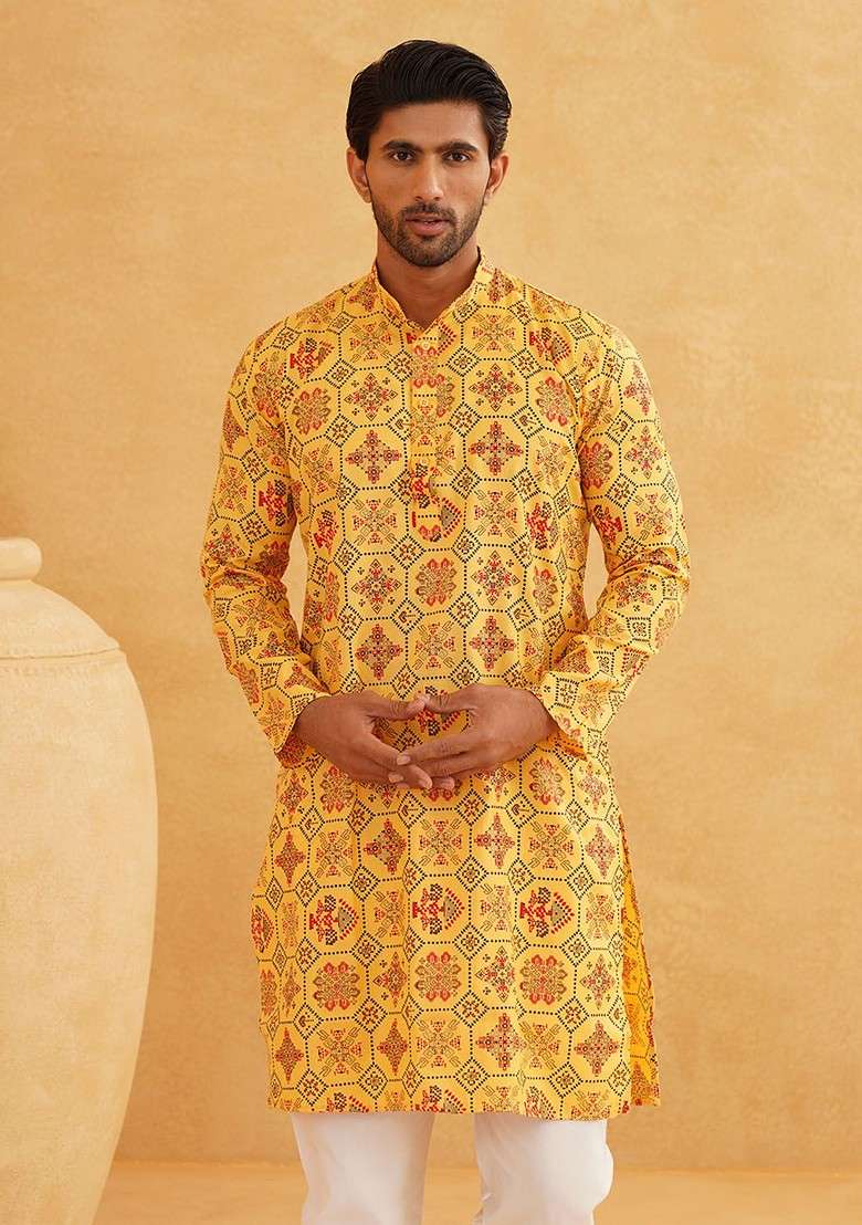 Yellow Ethnic Motifs Poly Blend Kurta Set For Men - Indya