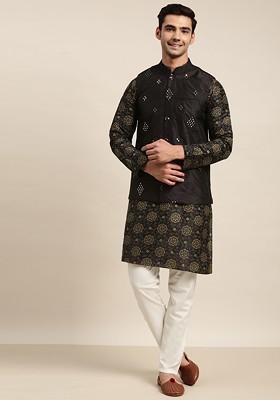Black Mirror Work Poly Blend Kurta Set For Men