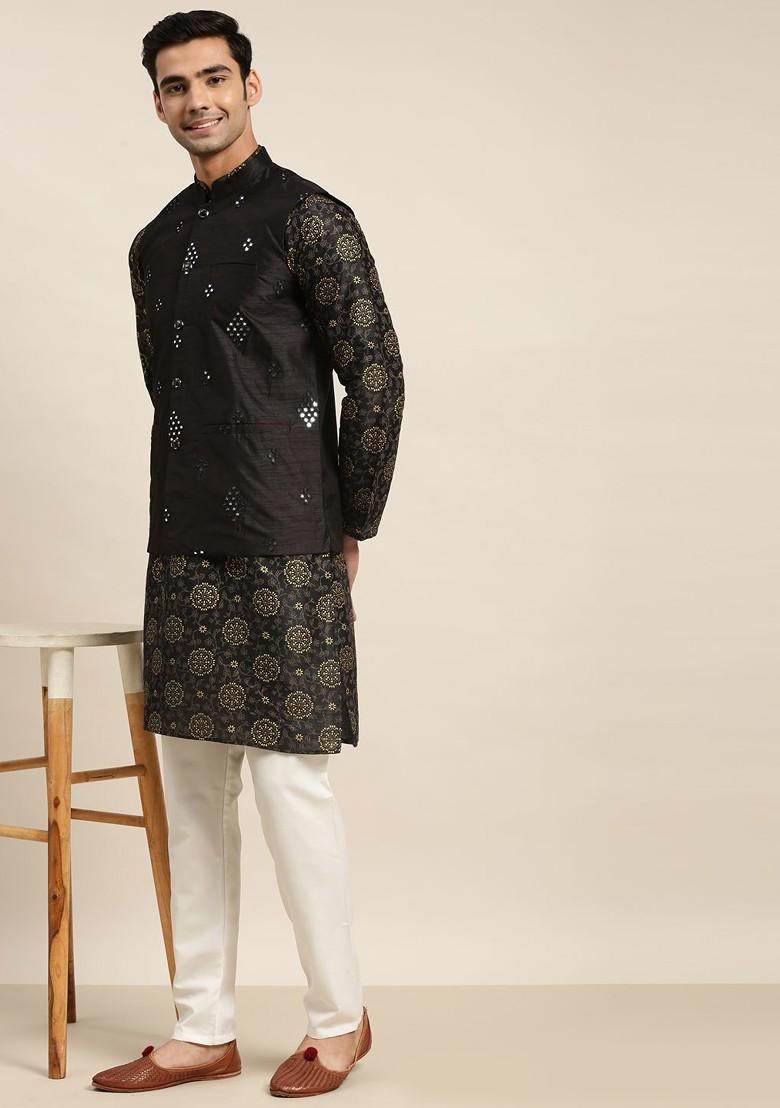 Black Mirror Work Poly Blend Kurta Set For Men