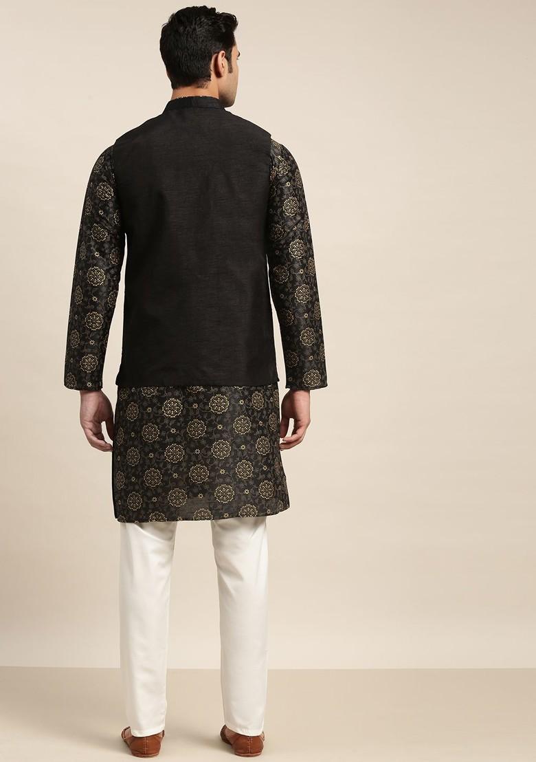 Black Mirror Work Poly Blend Kurta Set For Men