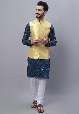 Teal Blue Embroidered Cotton Kurta Set For Men