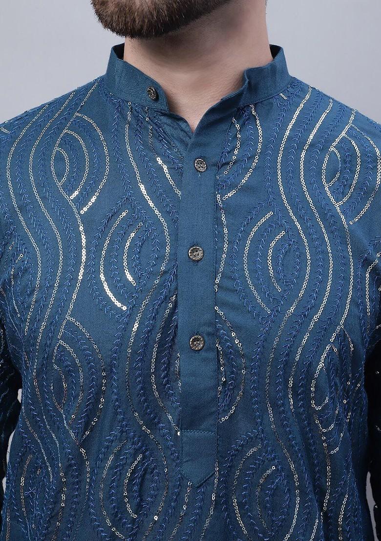 Teal Blue Embroidered Cotton Kurta Set For Men