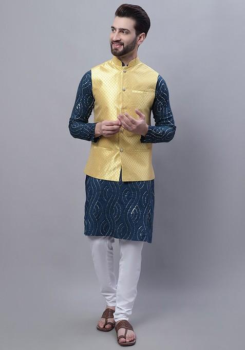 Teal Blue Embroidered Cotton Kurta Set For Men — view on Indya