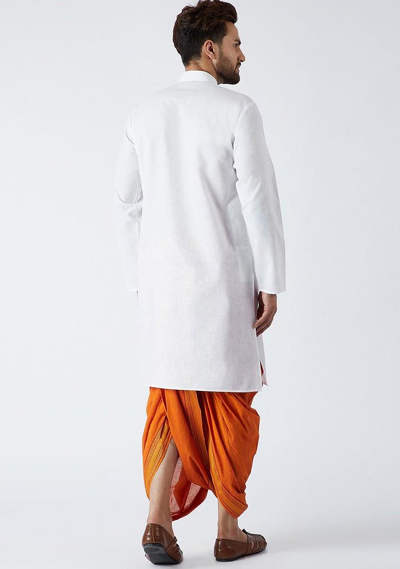 White Solid Poly Blend Kurta Set For Men
