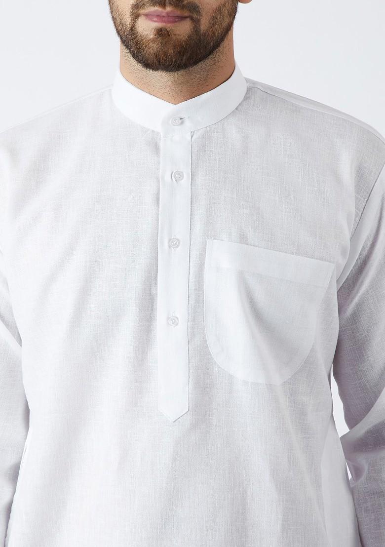 White Solid Poly Blend Kurta Set For Men