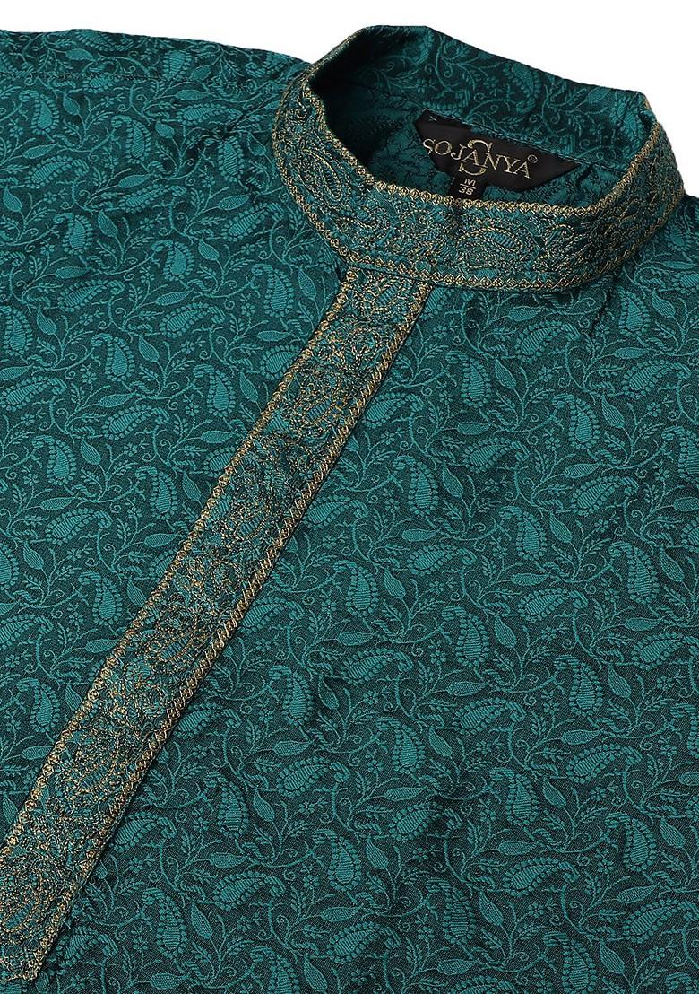Teal Blue Solid Poly Blend Kurta Set For Men