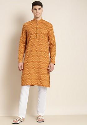 Mustard Ethnic Motifs Cotton Kurta Set For Men