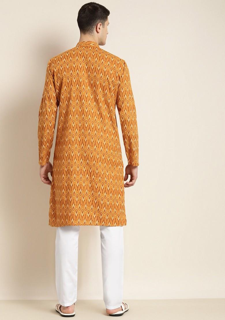 Mustard Ethnic Motifs Cotton Kurta Set For Men