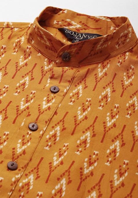Mustard Ethnic Motifs Cotton Kurta Set For Men