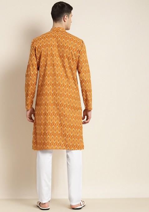Mustard Ethnic Motifs Cotton Kurta Set For Men