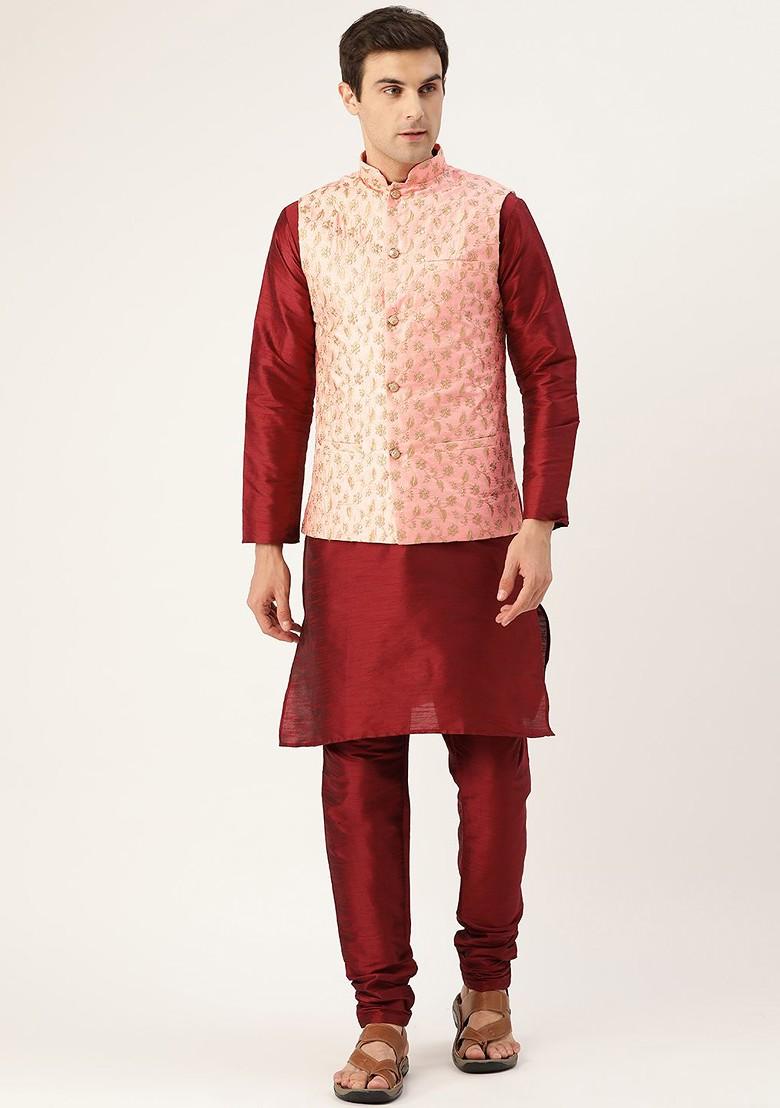 Maroon Solid Poly Blend Kurta Set For Men