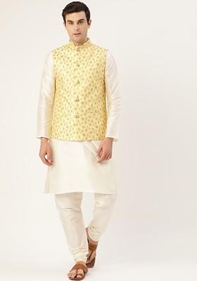 Off White Solid Poly Blend Kurta Set For Men