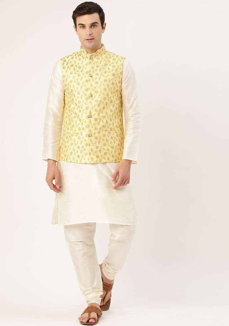 Off White Solid Poly Blend Kurta Set For Men - Indya