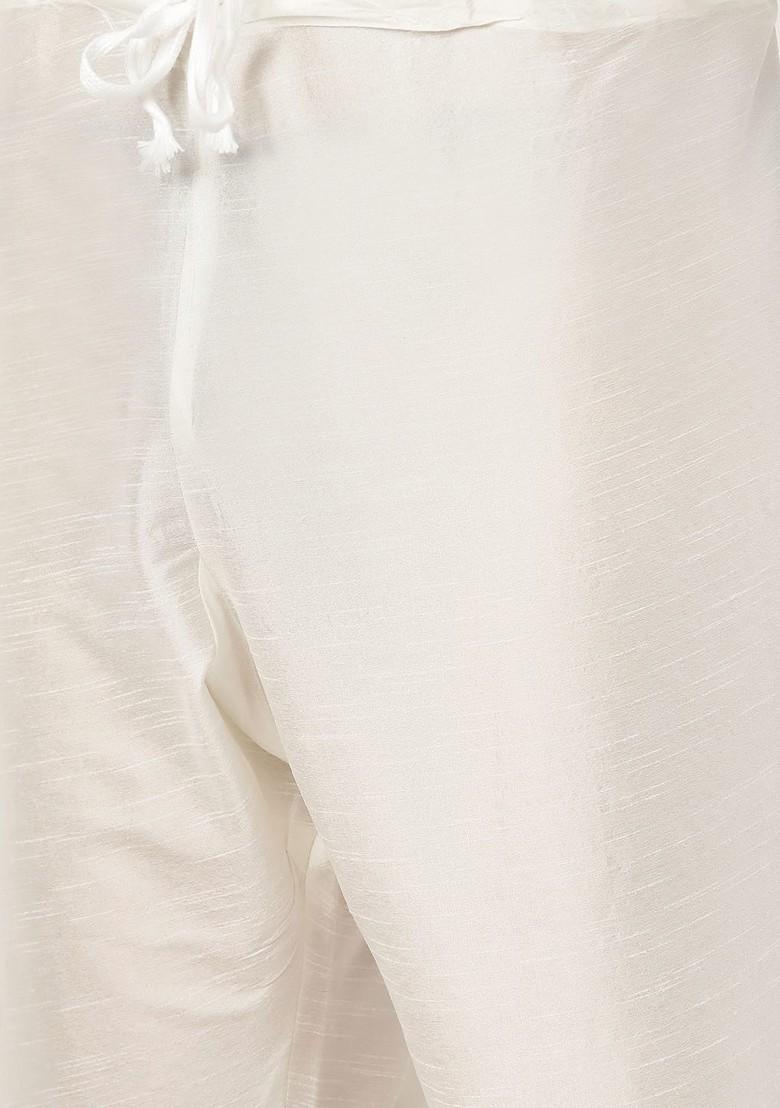 Off White Solid Poly Blend Kurta Set For Men