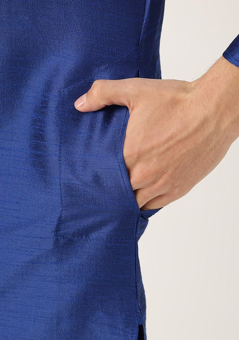 Blue Solid Poly Blend Kurta Set For Men