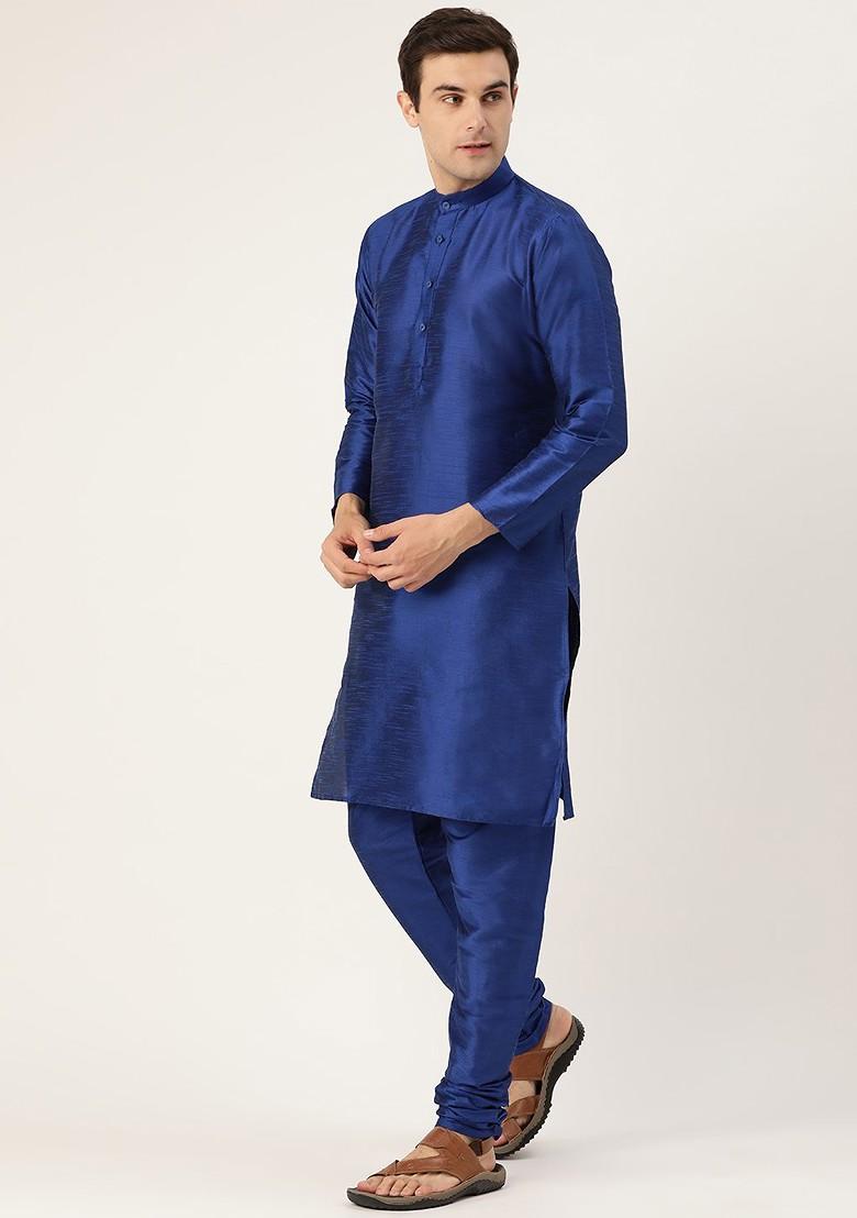 Blue Solid Poly Blend Kurta Set For Men