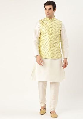 Off White Solid Poly Blend Kurta Set For Men