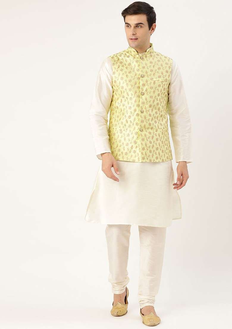 Off White Solid Poly Blend Kurta Set For Men - Indya