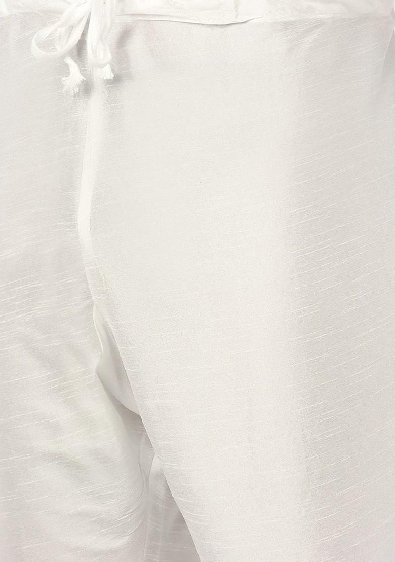 Off White Solid Poly Blend Kurta Set For Men