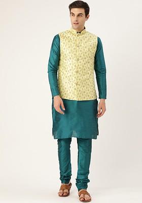 Teal Blue Solid Poly Blend Kurta Set For Men