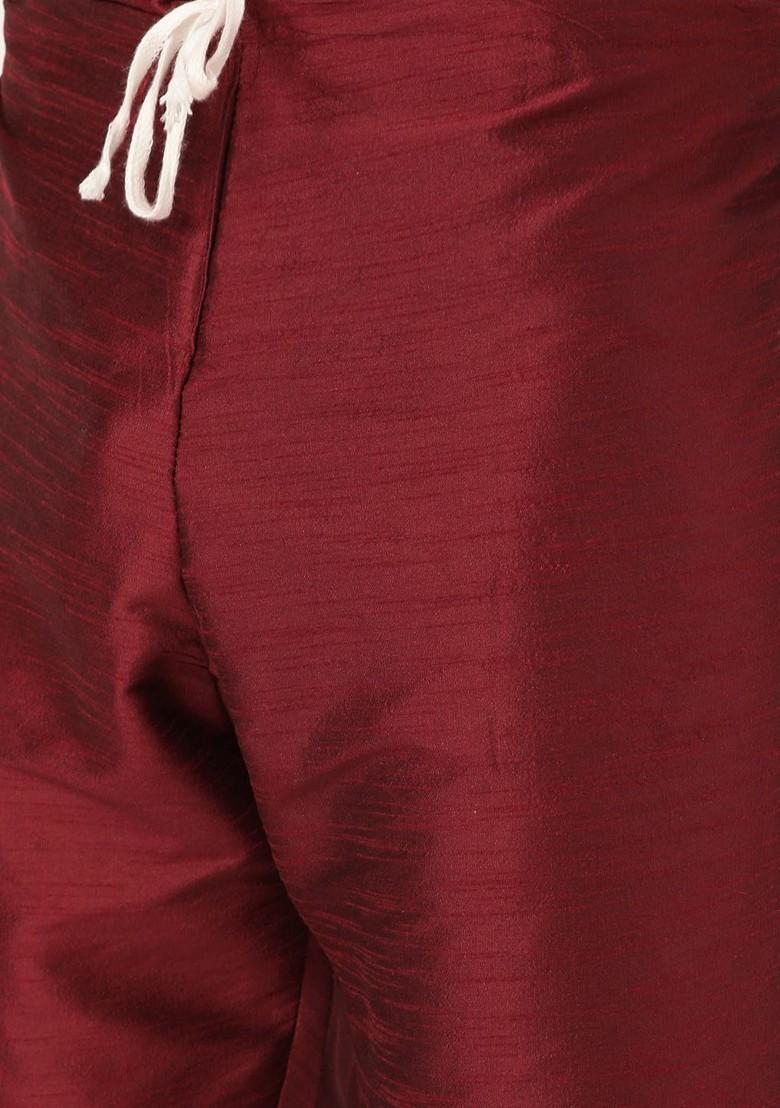 Maroon Solid Poly Blend Kurta Set For Men