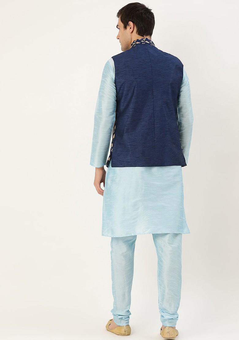Blue Solid Poly Blend Kurta Set For Men