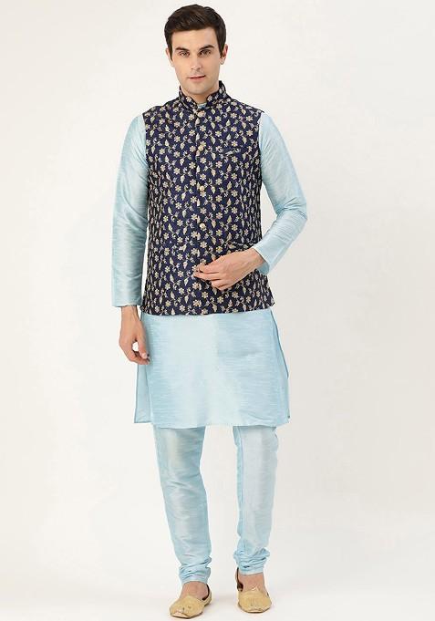 Blue Solid Poly Blend Kurta Set For Men