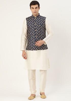 Off White Solid Poly Blend Kurta Set For Men