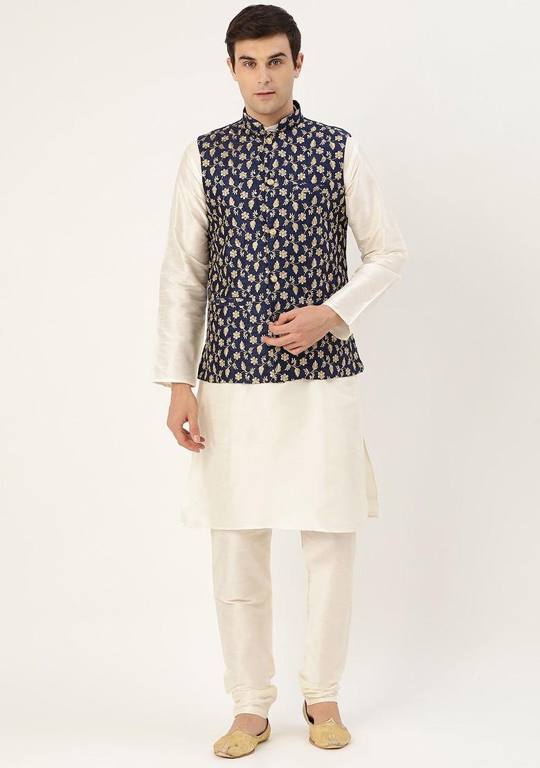 Off White Solid Poly Blend Kurta Set For Men