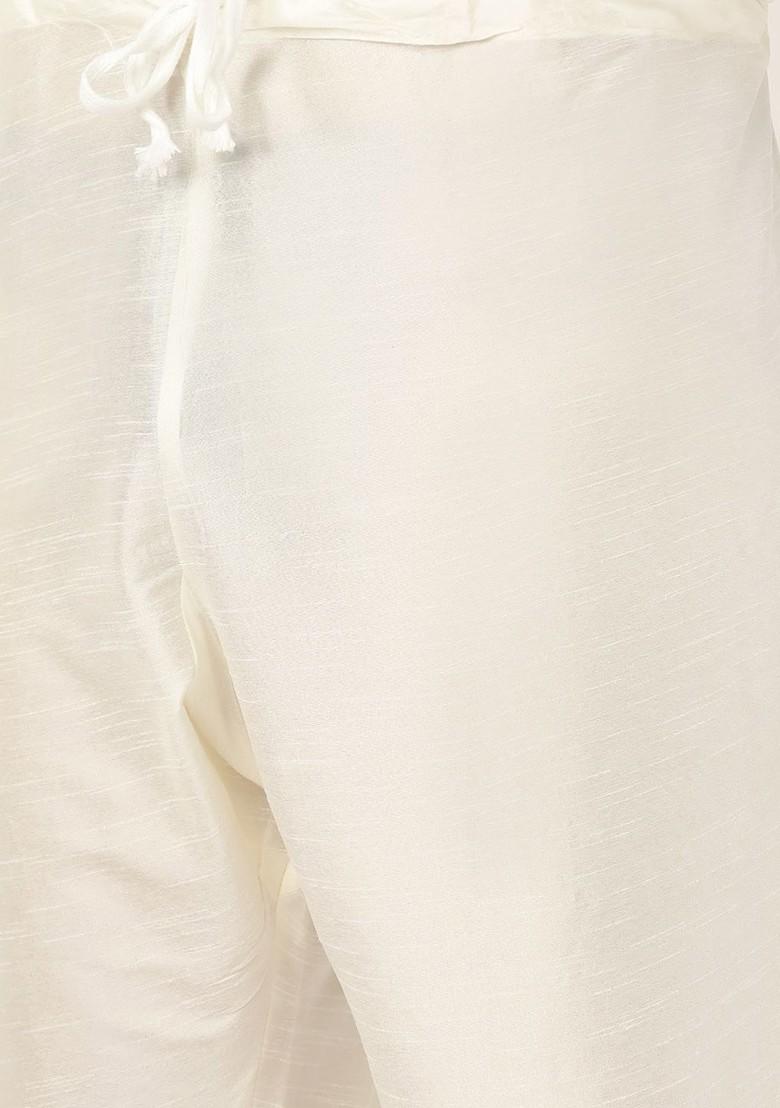 Off White Solid Poly Blend Kurta Set For Men