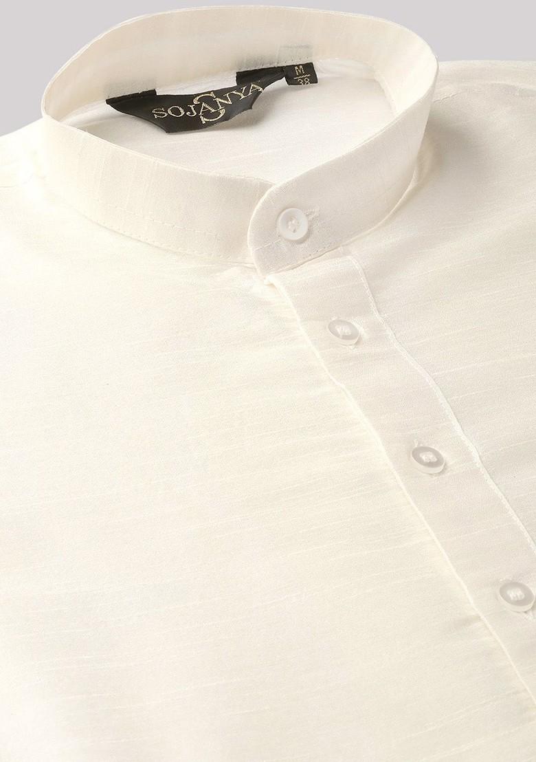 Off White Solid Poly Blend Kurta Set For Men