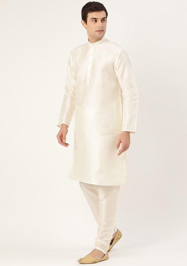 Off White Solid Poly Blend Kurta Set For Men