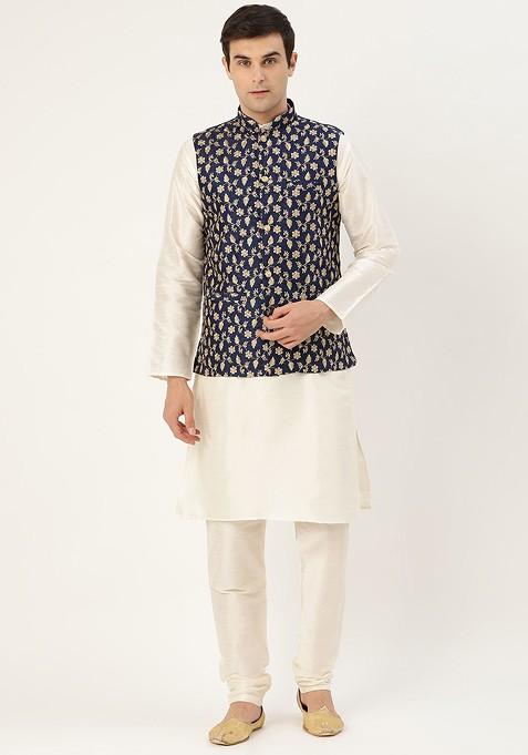 Off White Solid Poly Blend Kurta Set For Men
