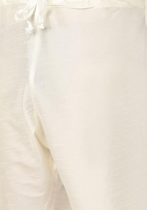 Off White Solid Poly Blend Kurta Set For Men