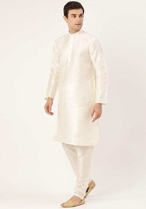 Off White Solid Poly Blend Kurta Set For Men