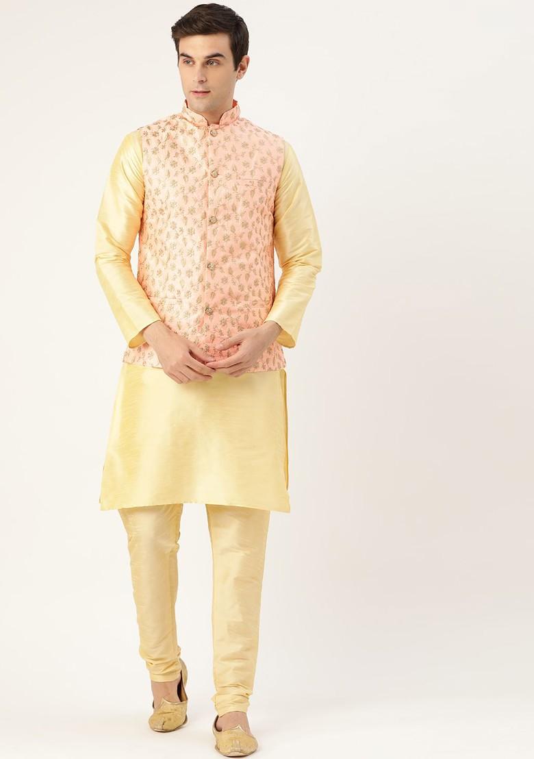 Gold Solid Poly Blend Kurta Set For Men