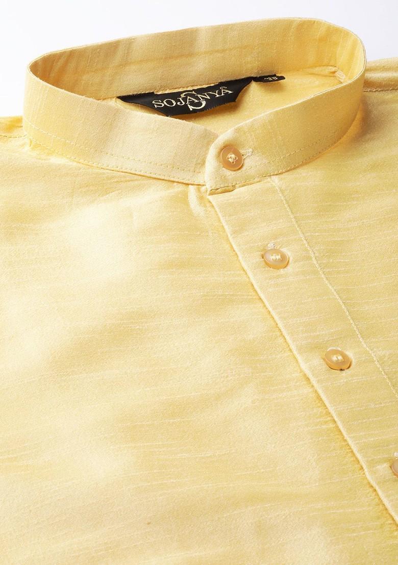 Gold Solid Poly Blend Kurta Set For Men