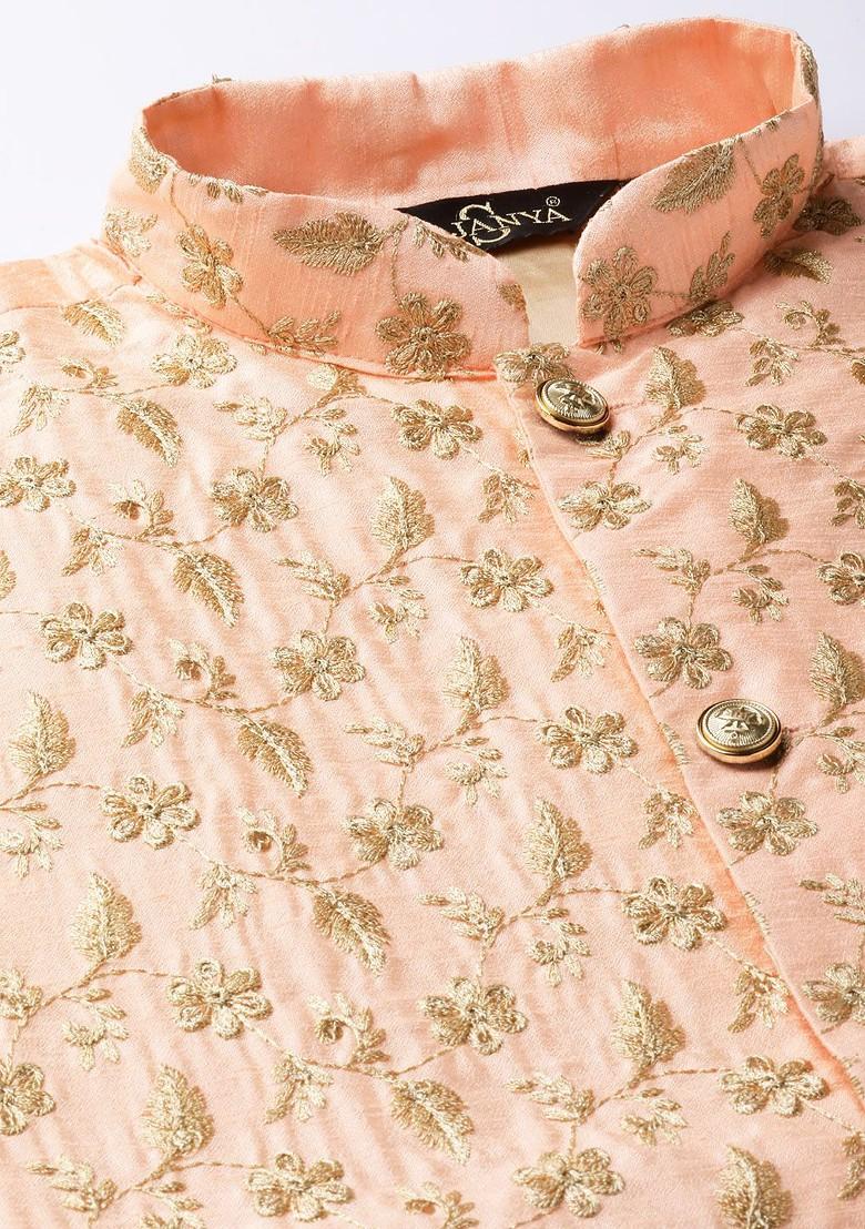 Gold Solid Poly Blend Kurta Set For Men