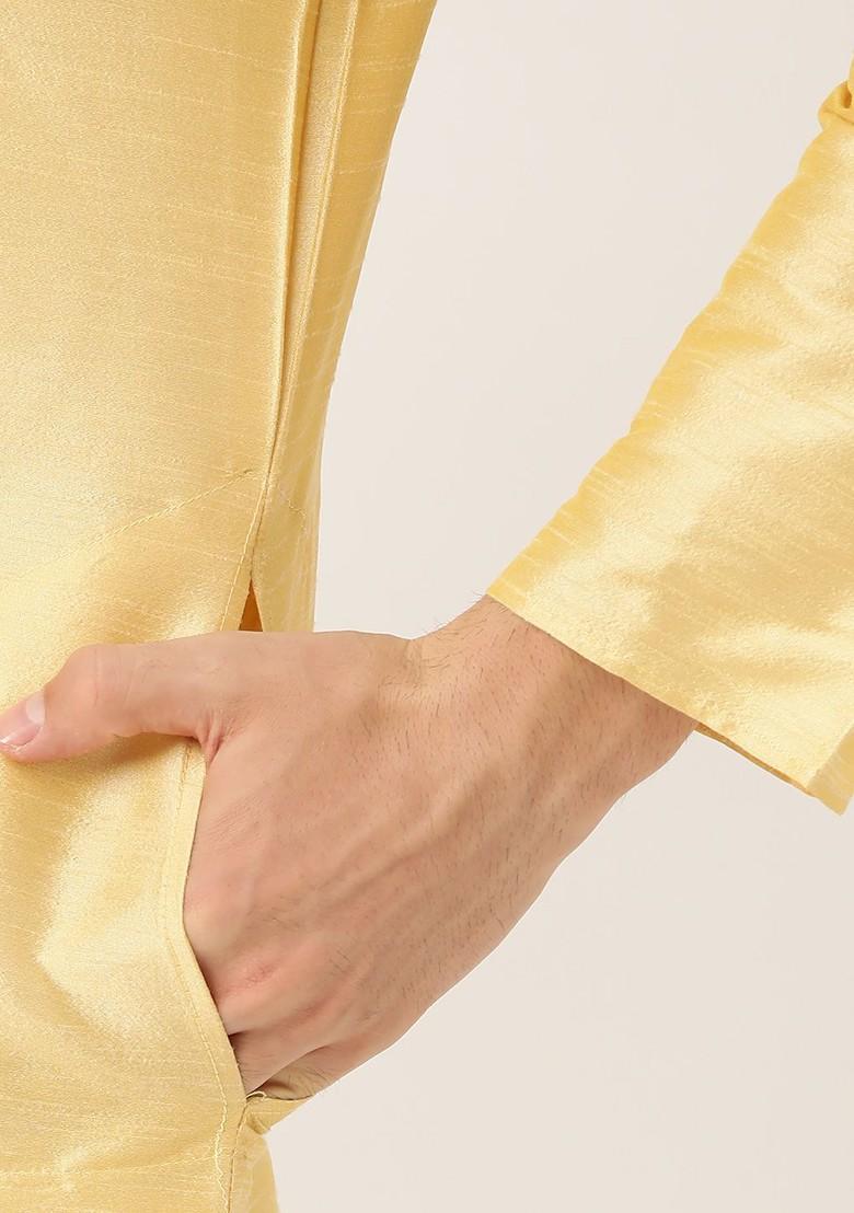Gold Solid Poly Blend Kurta Set For Men