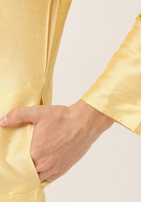Gold Solid Poly Blend Kurta Set For Men