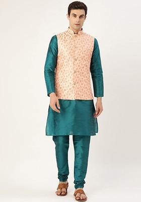 Teal Blue Solid Poly Blend Kurta Set For Men