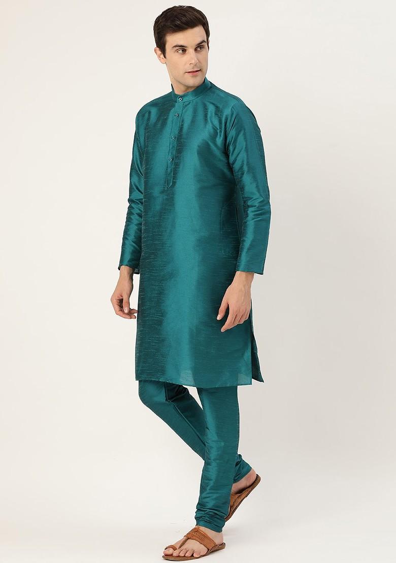 Teal Blue Solid Poly Blend Kurta Set For Men