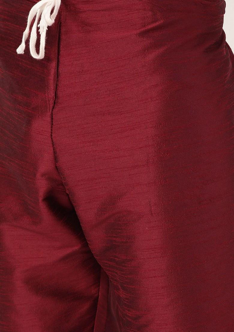 Maroon Solid Poly Blend Kurta Set For Men