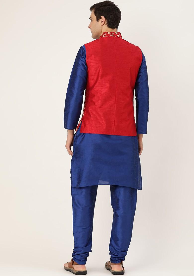 Blue Solid Poly Blend Kurta Set For Men