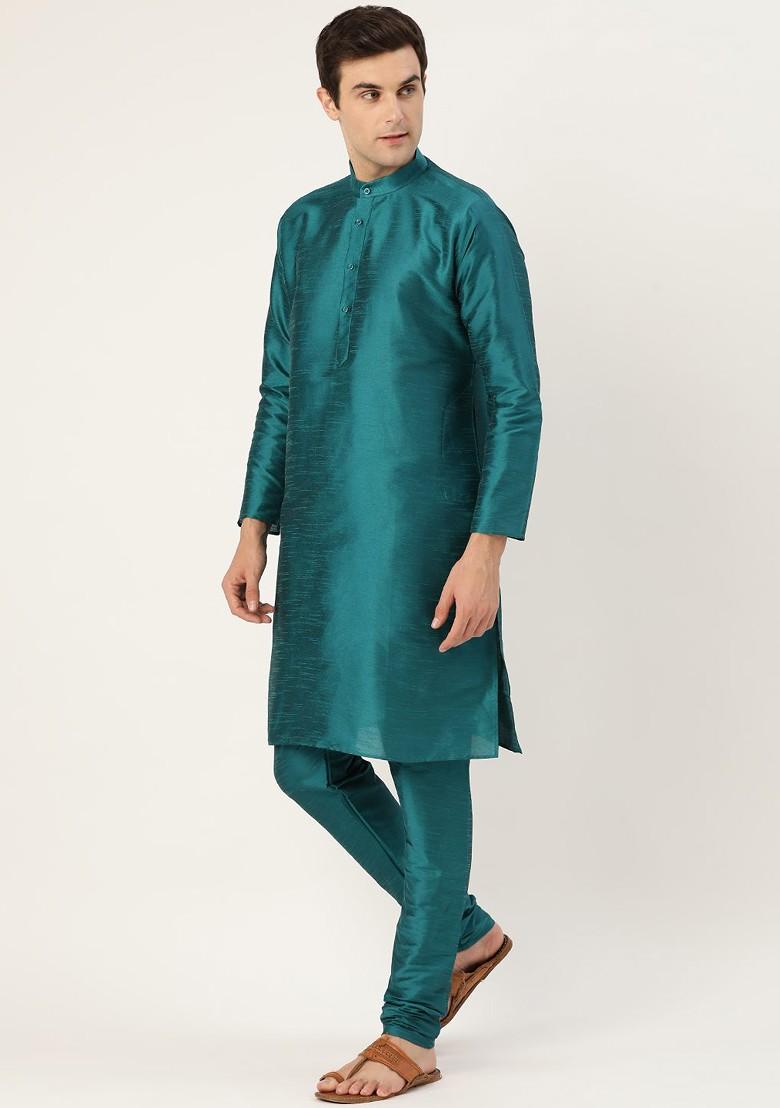 Teal Blue Solid Poly Blend Kurta Set For Men