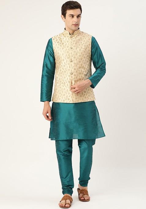 Teal Blue Solid Poly Blend Kurta Set For Men — view on Indya